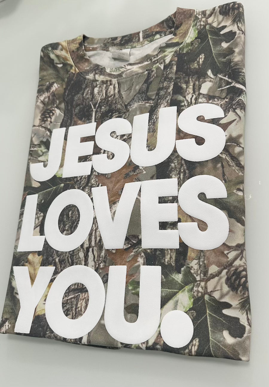 Vintage Camo “Jesus Loves You” Tee | Oversized Drop Shoulder