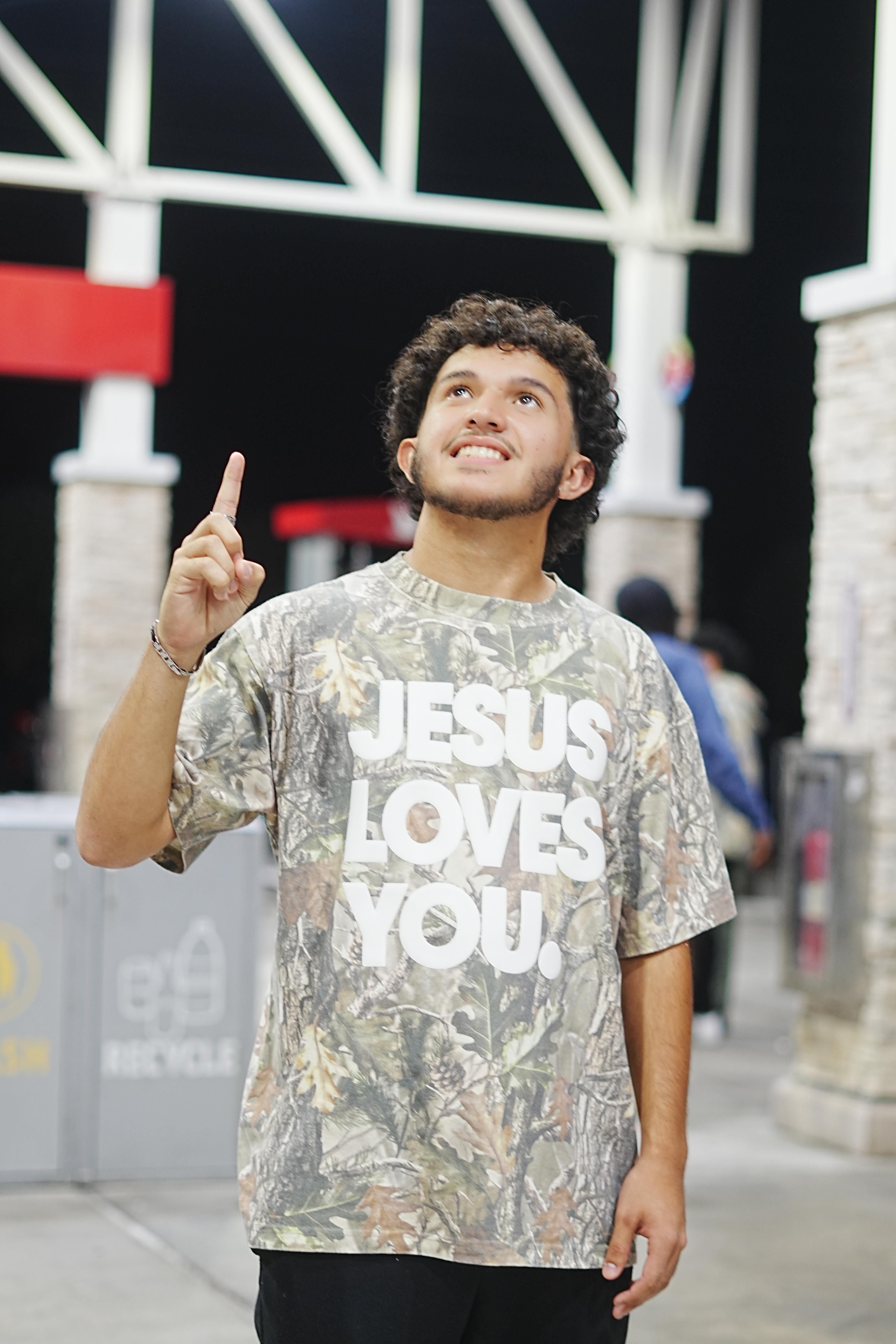 Vintage Camo “Jesus Loves You” Tee | Oversized Drop Shoulder