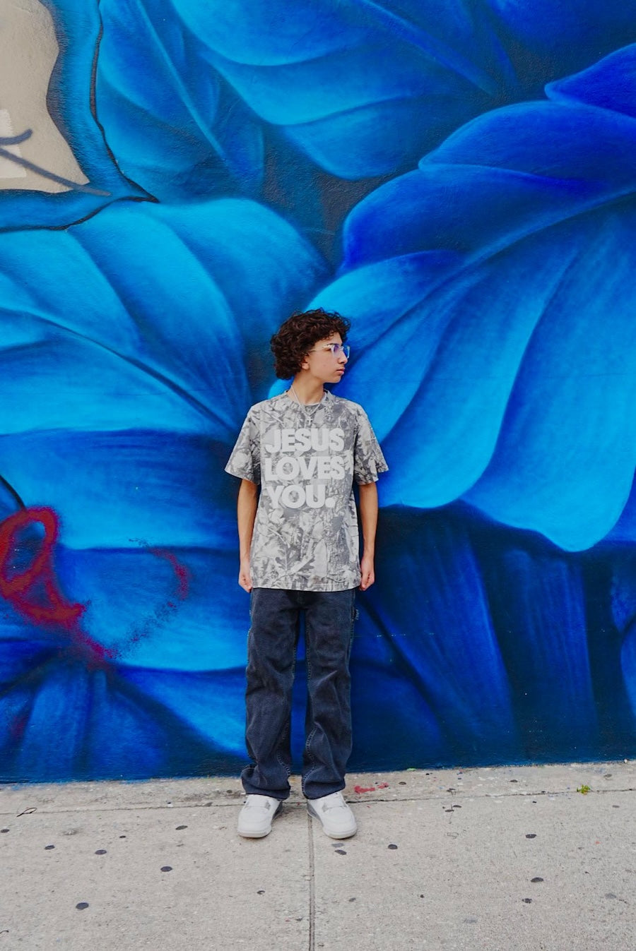 Christian Streetwear – Gray Camo “Jesus Loves You” Oversized Tee | Puff Print