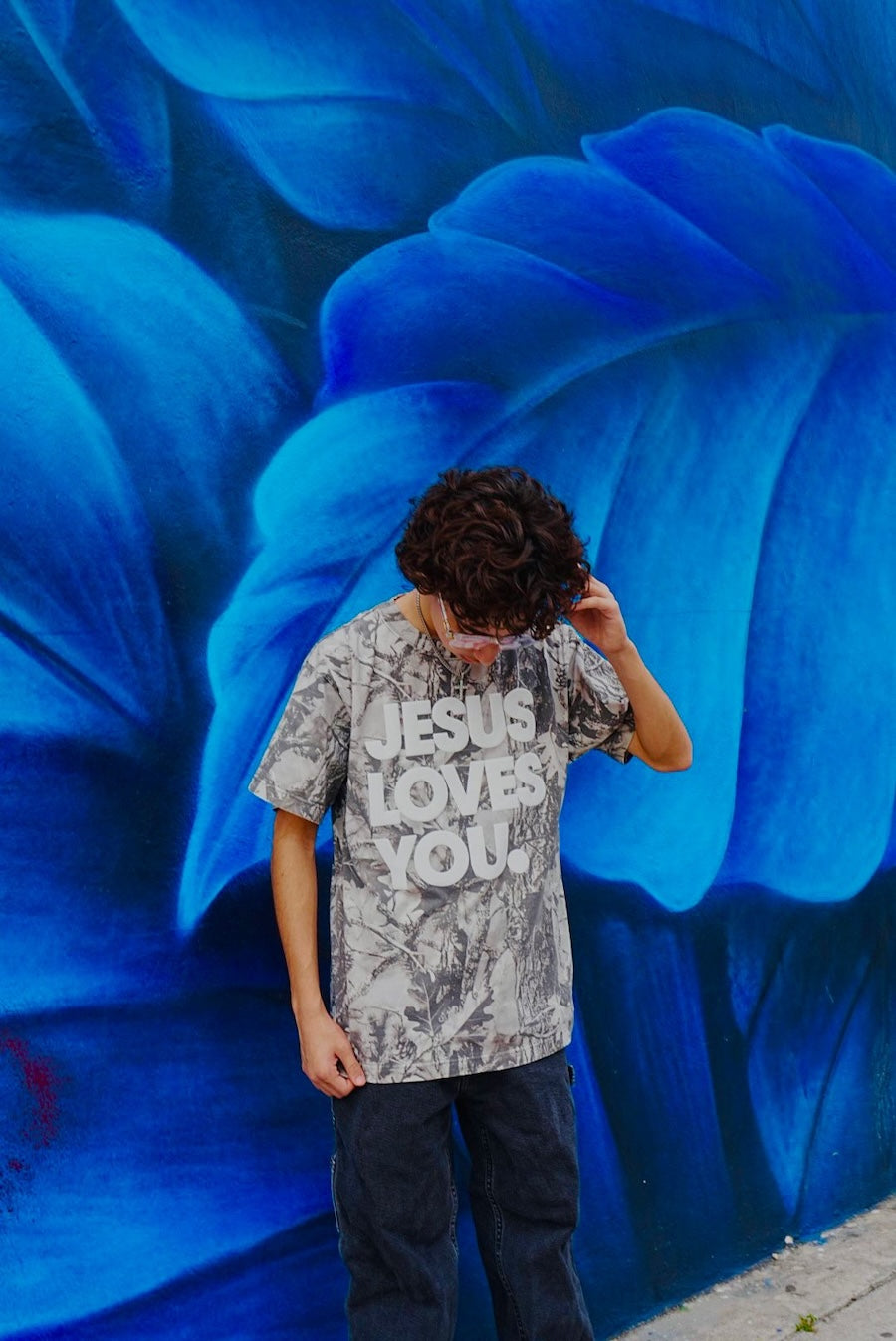 Christian Streetwear – Gray Camo “Jesus Loves You” Oversized Tee | Puff Print