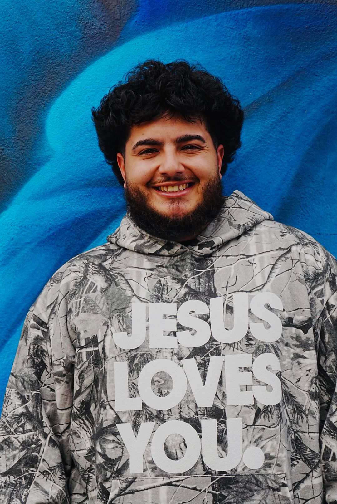 Gray Camo “Jesus Loves You” Hoodie – Oversized Fit
