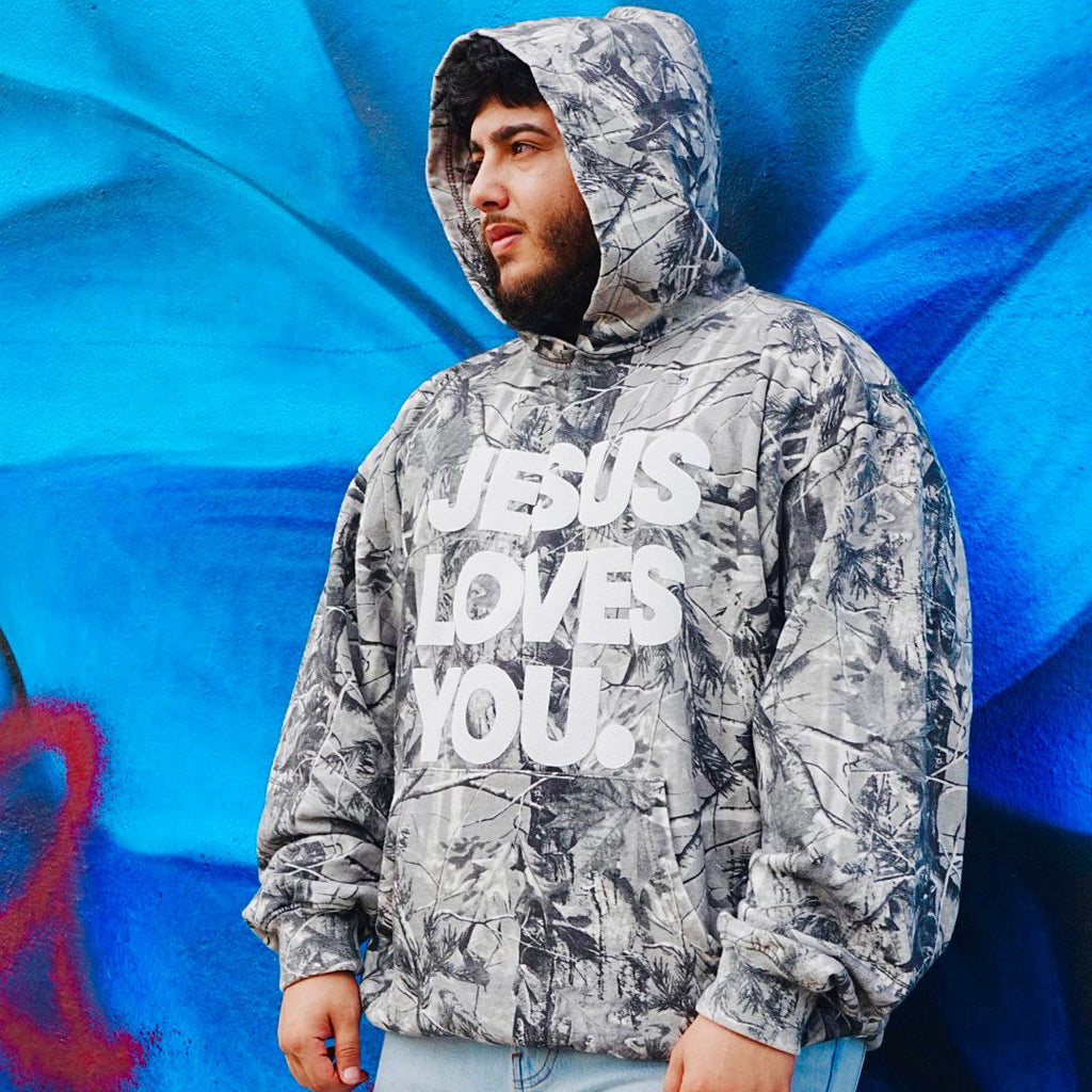 Gray Camo “Jesus Loves You” Hoodie – Oversized Fit