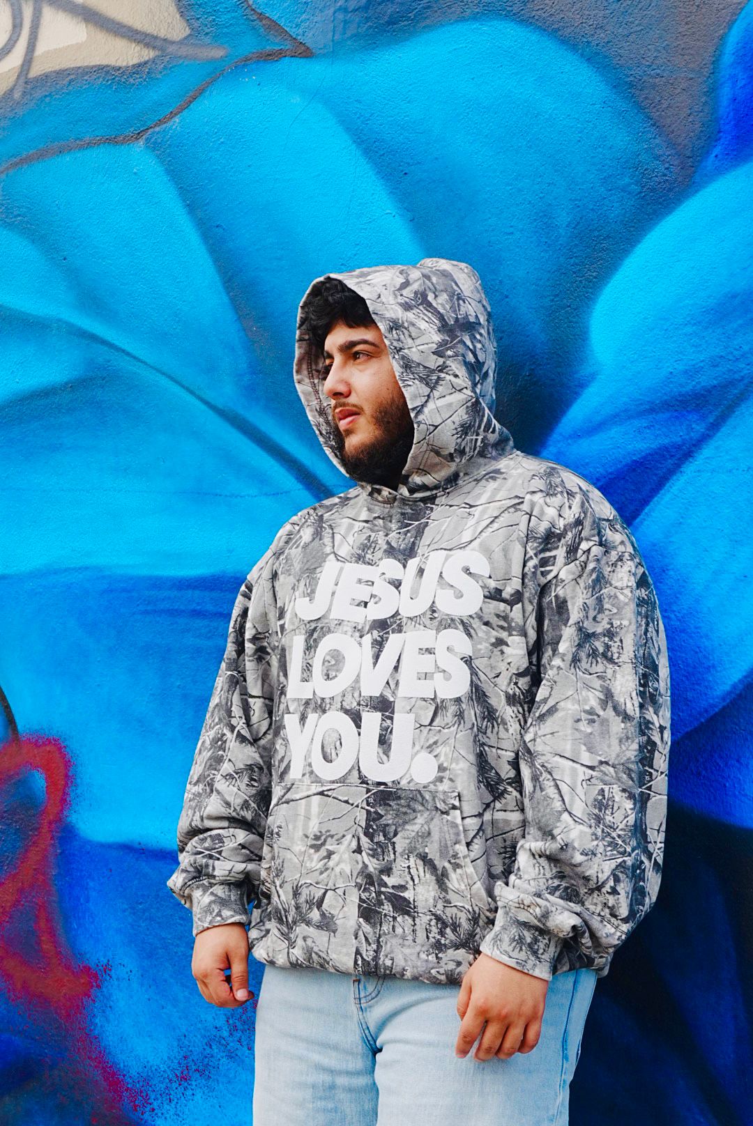 Gray Camo “Jesus Loves You” Hoodie – Oversized Fit