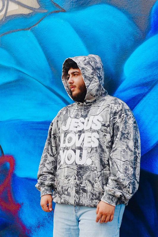 Gray Camo “Jesus Loves You” Hoodie – Oversized Fit