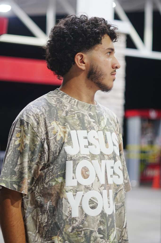 Vintage Camo “Jesus Loves You” Tee | Oversized Drop Shoulder