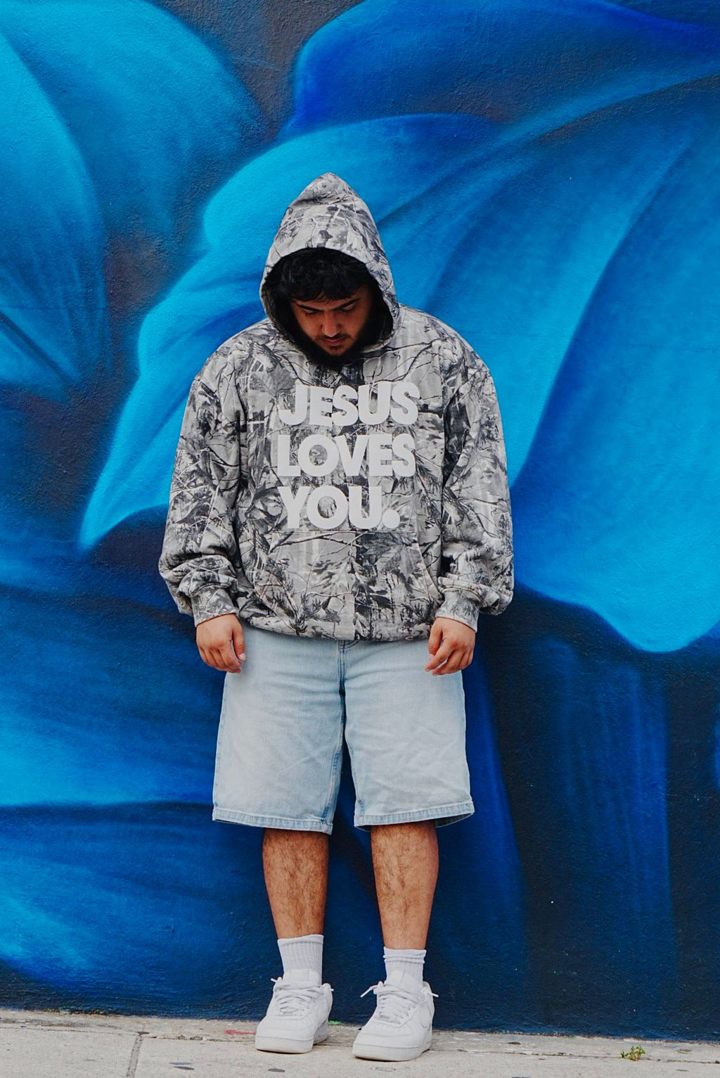 Gray Camo “Jesus Loves You” Hoodie – Oversized Fit