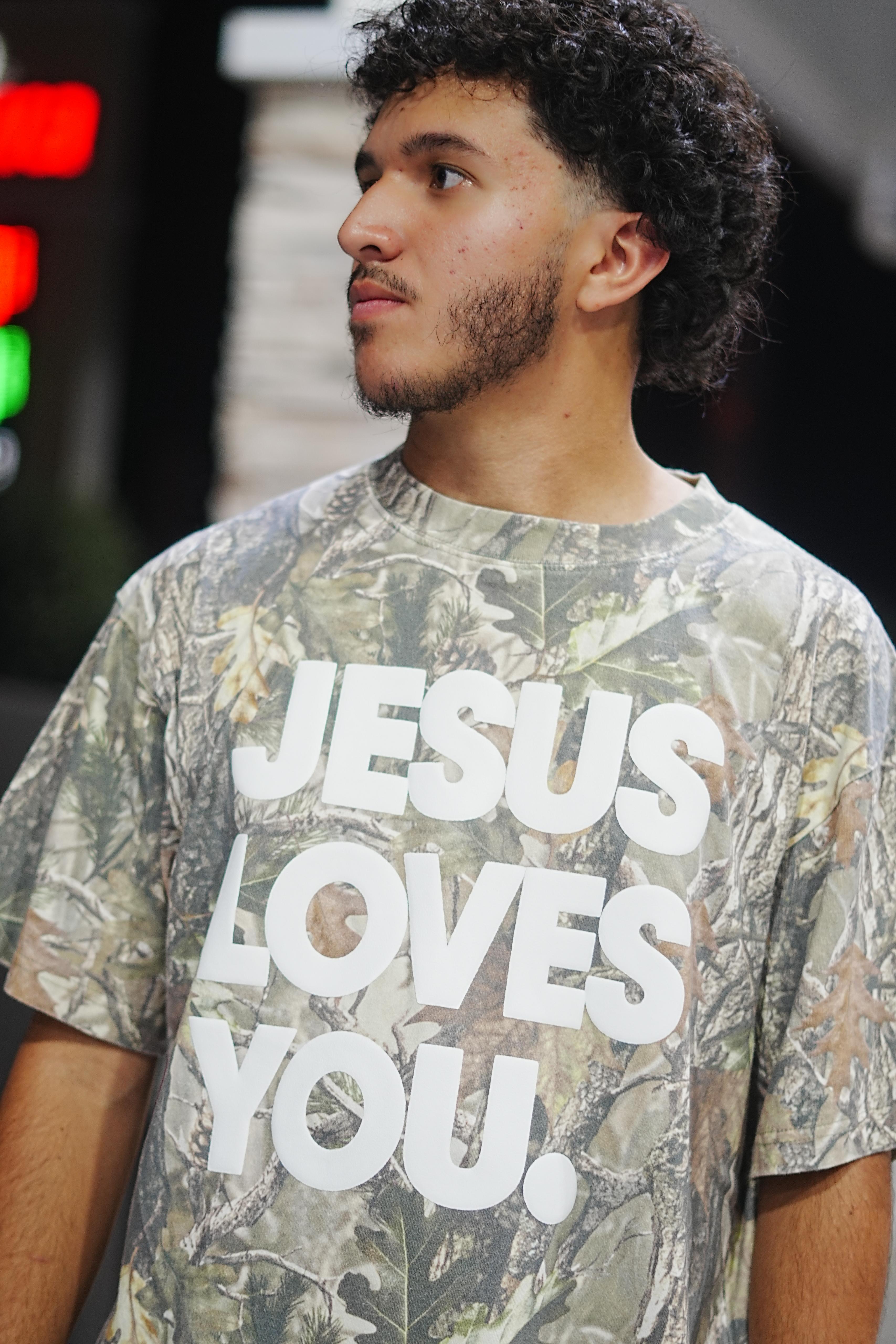Vintage Camo “Jesus Loves You” Tee | Oversized Drop Shoulder