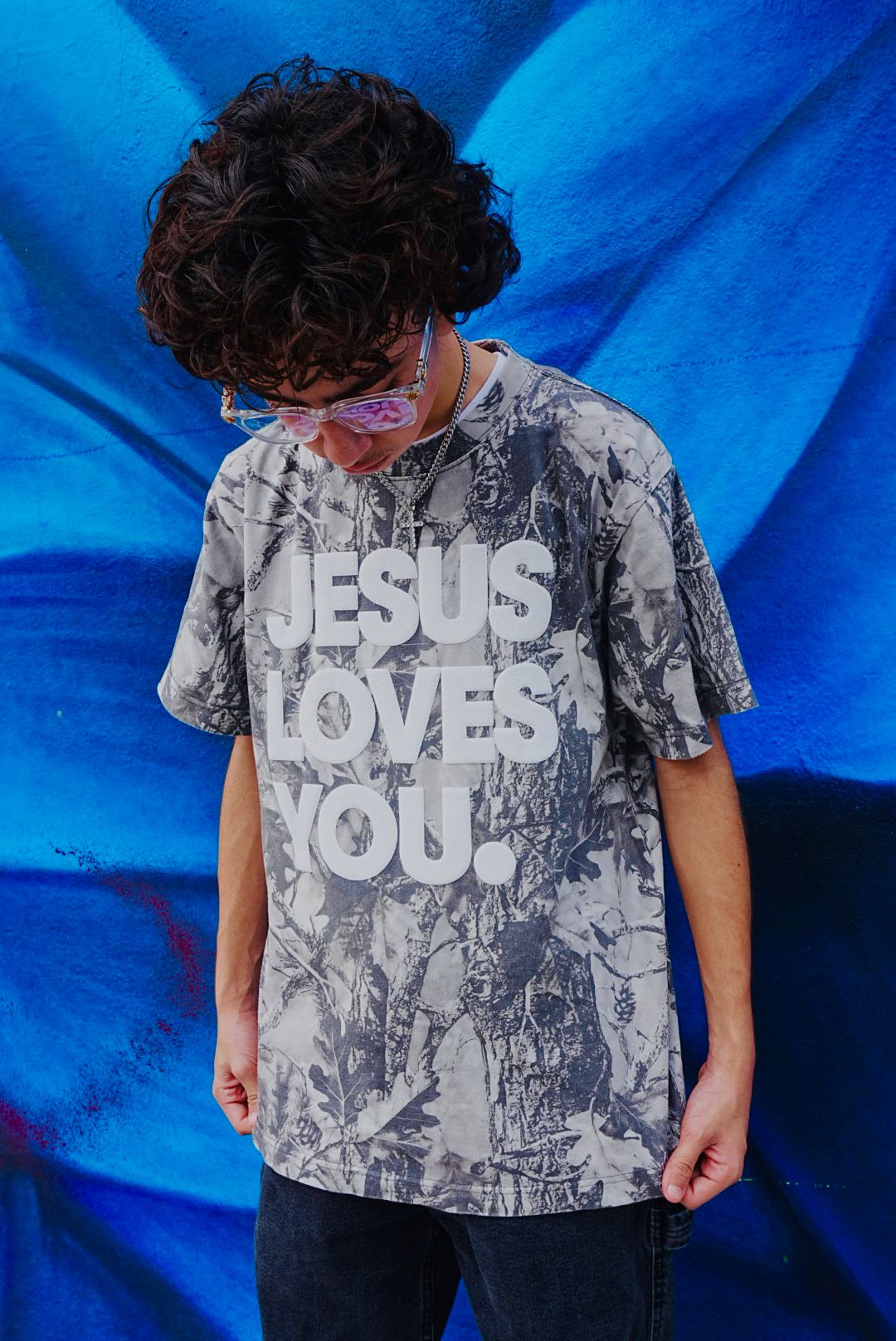 Christian Streetwear – Gray Camo “Jesus Loves You” Oversized Tee | Puff Print