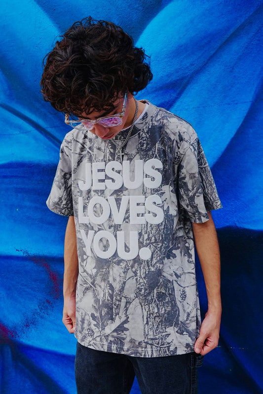 Christian Streetwear – Gray Camo “Jesus Loves You” Oversized Tee | Puff Print