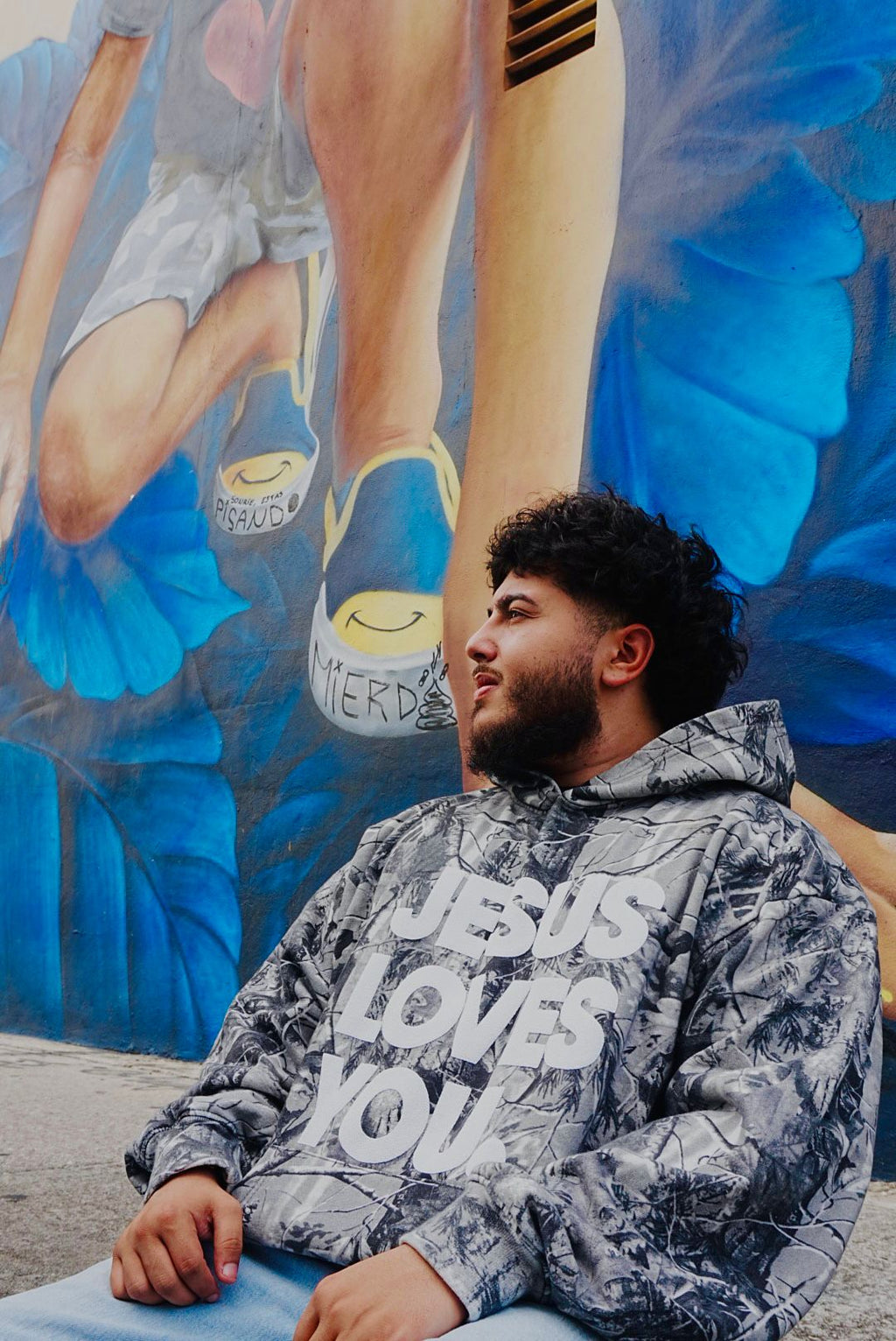 Gray Camo “Jesus Loves You” Hoodie – Oversized Fit