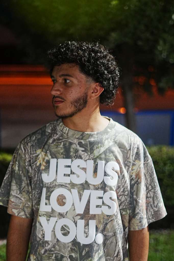 Vintage Camo “Jesus Loves You” Tee | Oversized Drop Shoulder