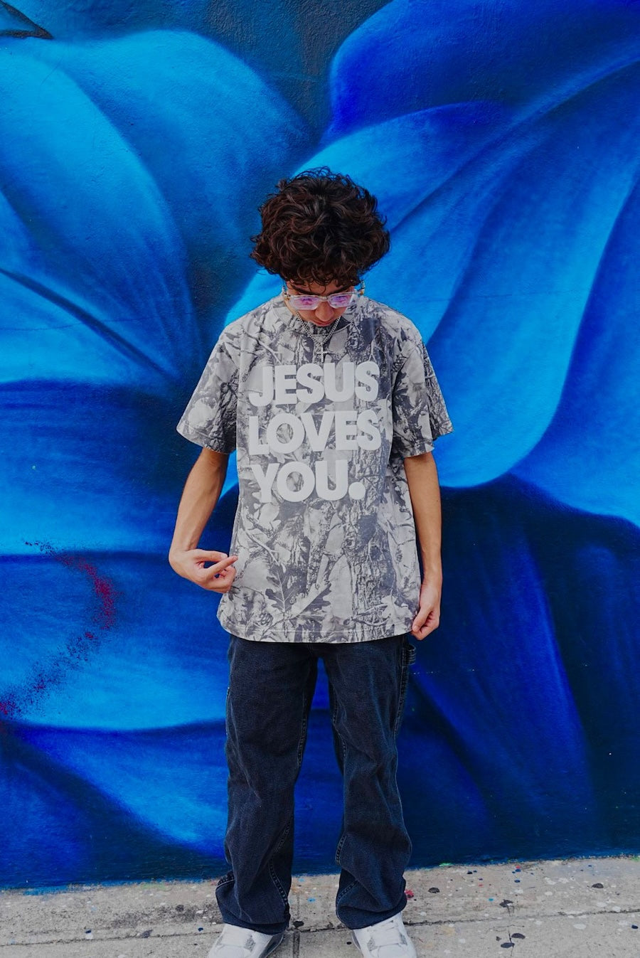 Christian Streetwear – Gray Camo “Jesus Loves You” Oversized Tee | Puff Print