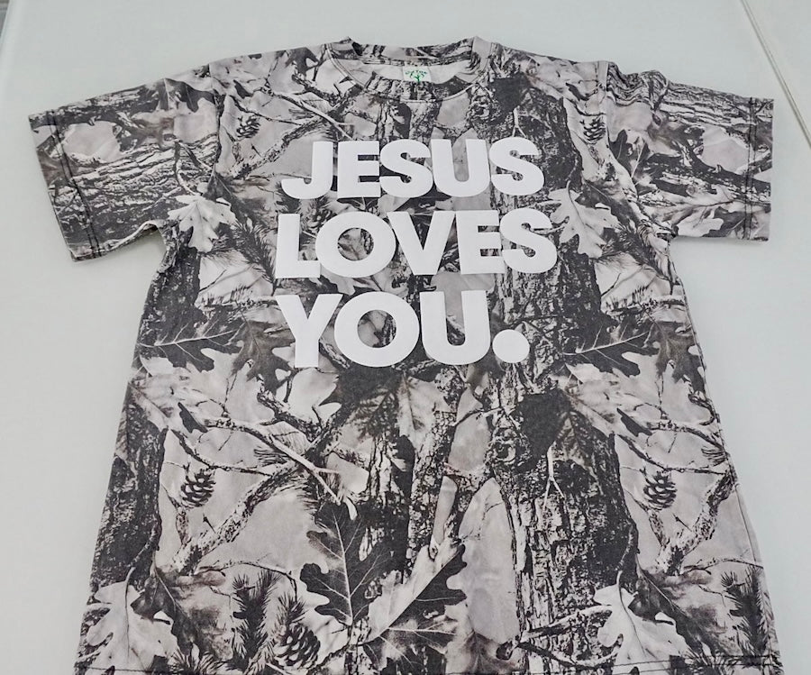Christian Streetwear – Gray Camo “Jesus Loves You” Oversized Tee | Puff Print
