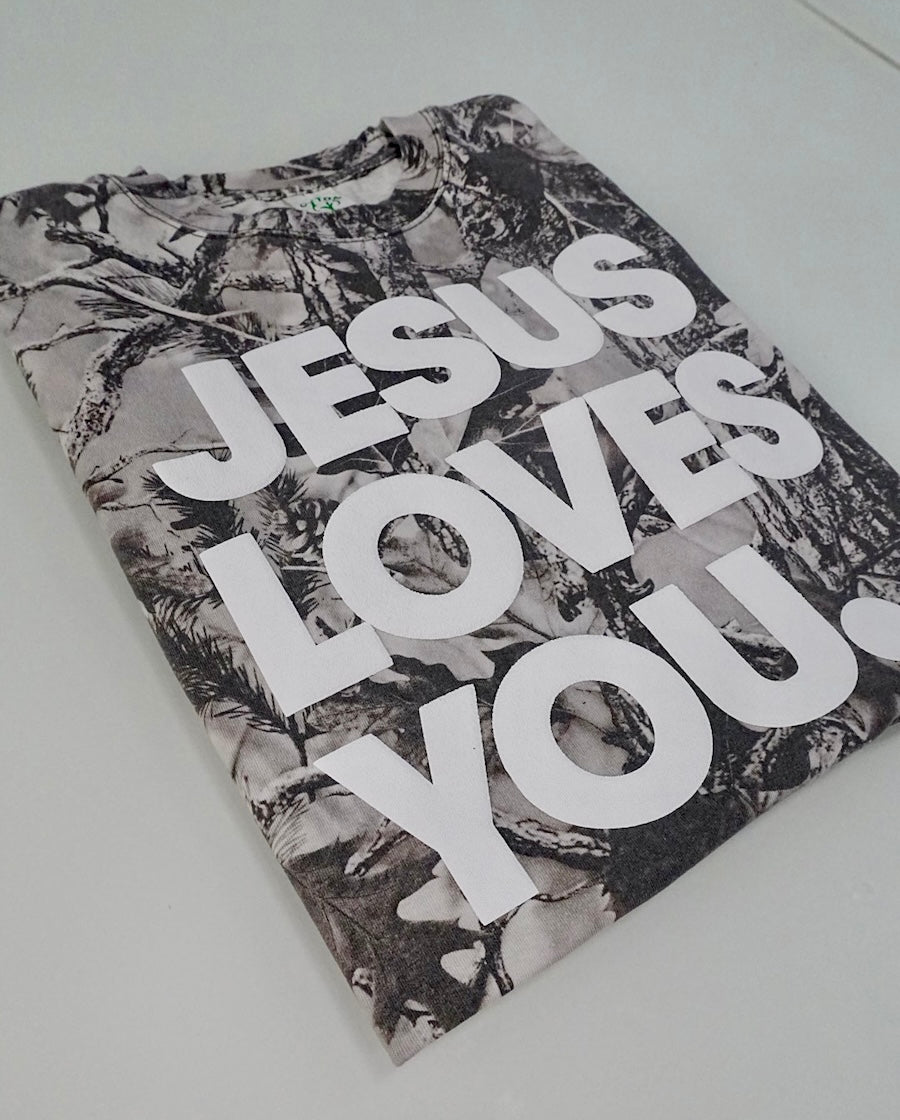 Christian Streetwear – Gray Camo “Jesus Loves You” Oversized Tee | Puff Print