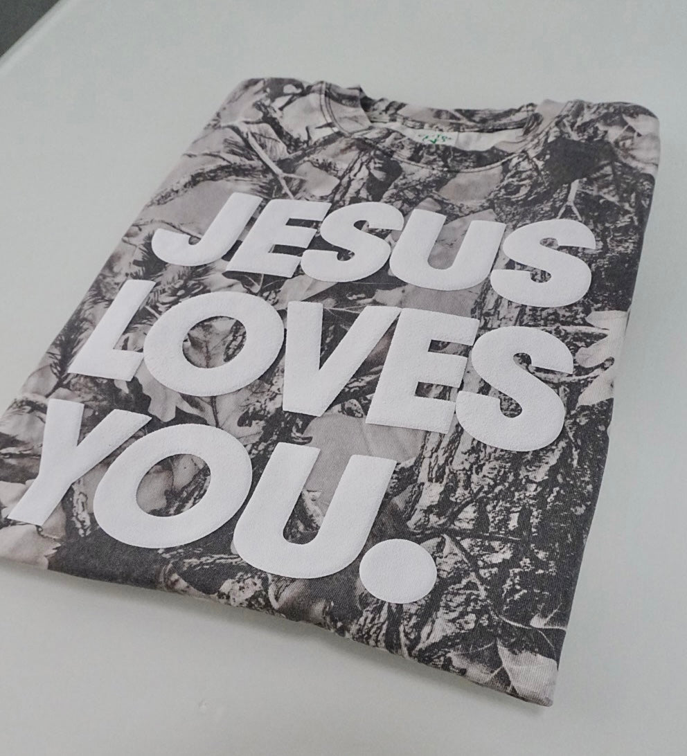 Christian Streetwear – Gray Camo “Jesus Loves You” Oversized Tee | Puff Print