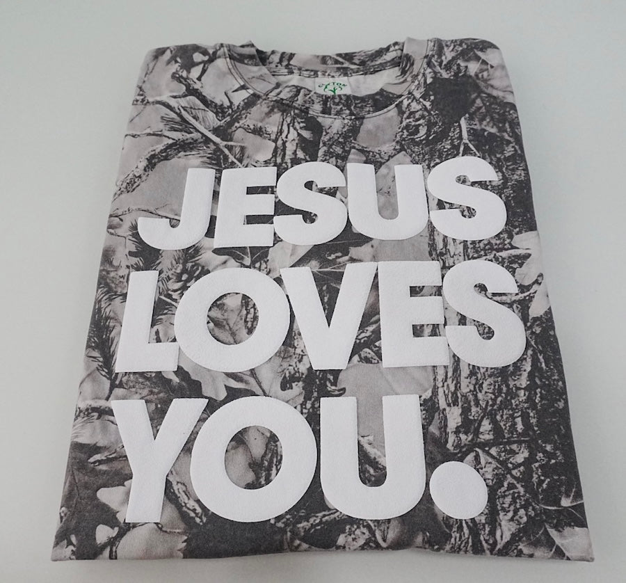 Christian Streetwear – Gray Camo “Jesus Loves You” Oversized Tee | Puff Print