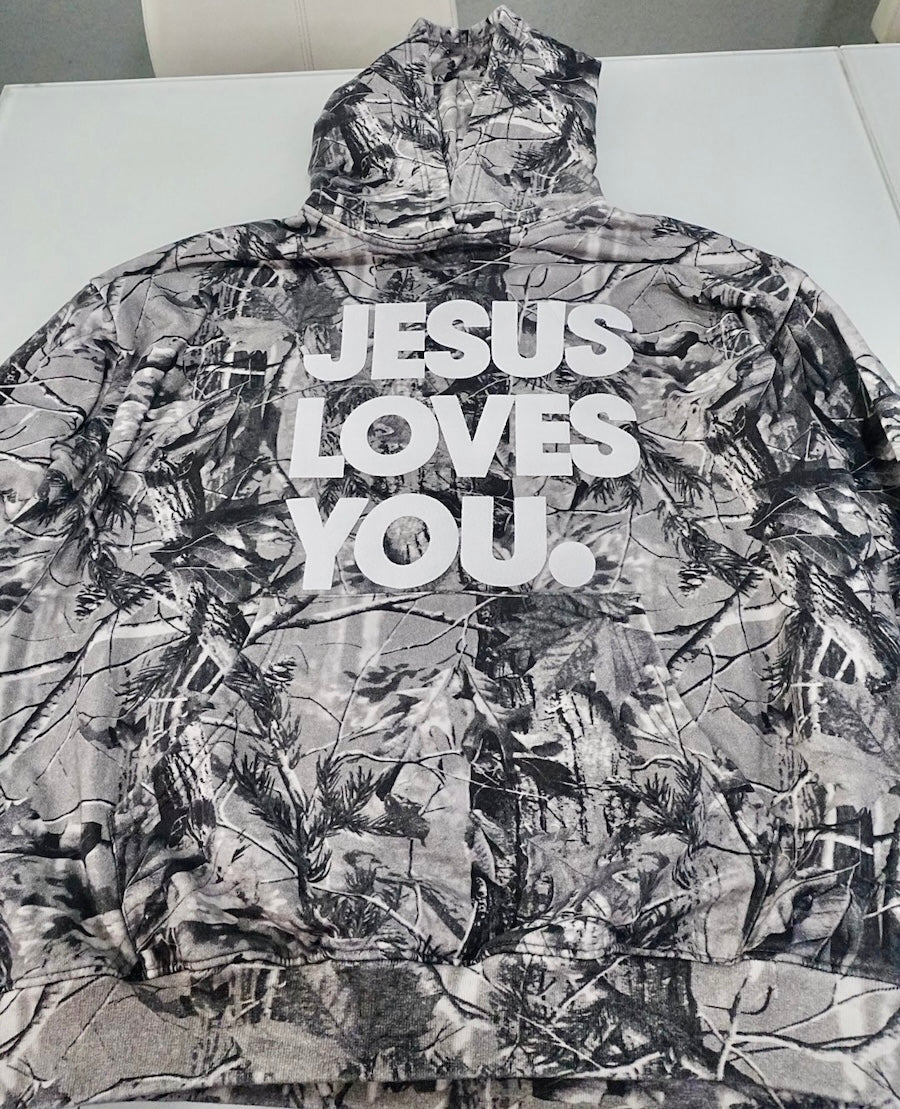Gray Camo “Jesus Loves You” Hoodie – Oversized Fit