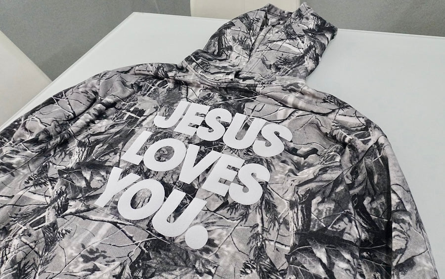 Gray Camo “Jesus Loves You” Hoodie – Oversized Fit