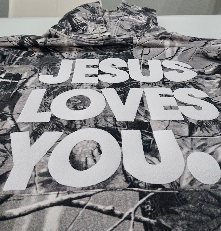 Gray Camo “Jesus Loves You” Hoodie – Oversized Fit