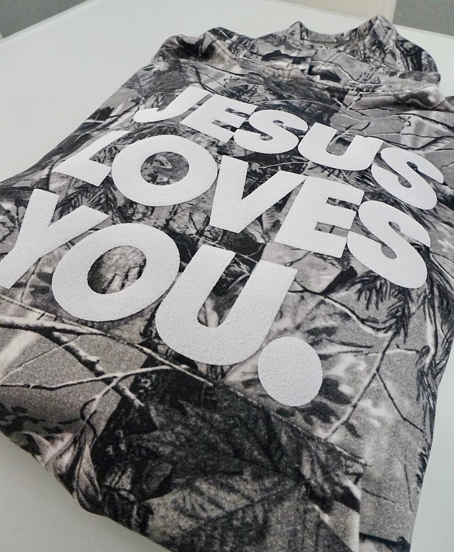 Gray Camo “Jesus Loves You” Hoodie – Oversized Fit