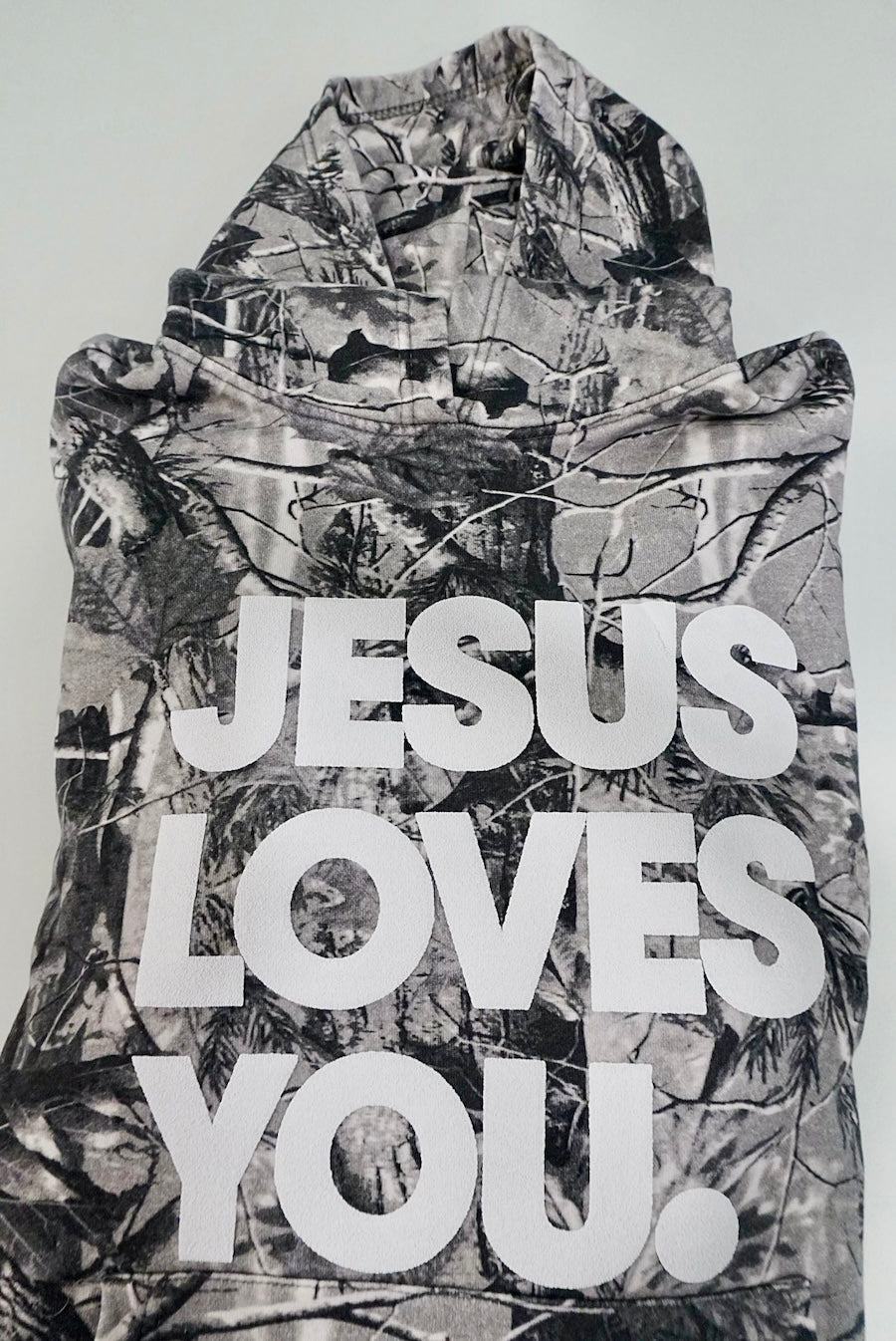 Gray Camo “Jesus Loves You” Hoodie – Oversized Fit