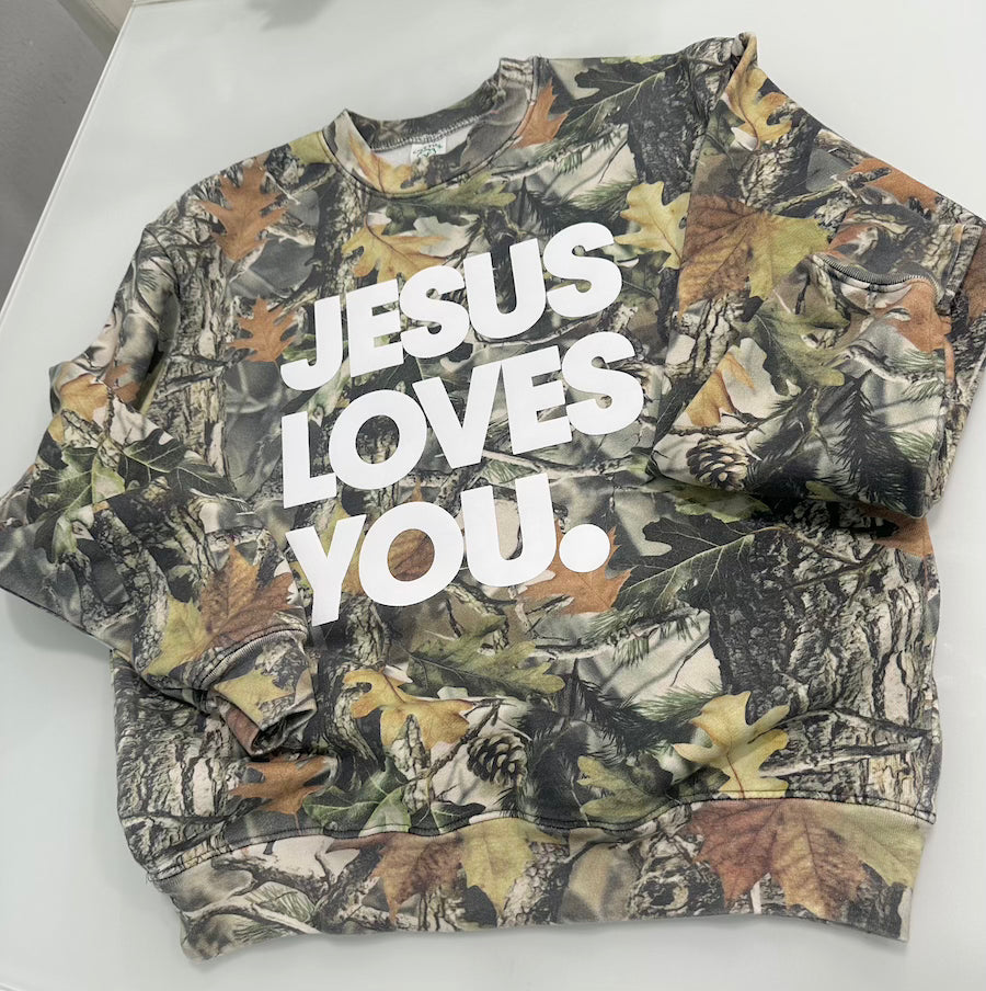 Jesus Loves You Camo Vintage Sweatshirt | Oversized Christian Streetwear