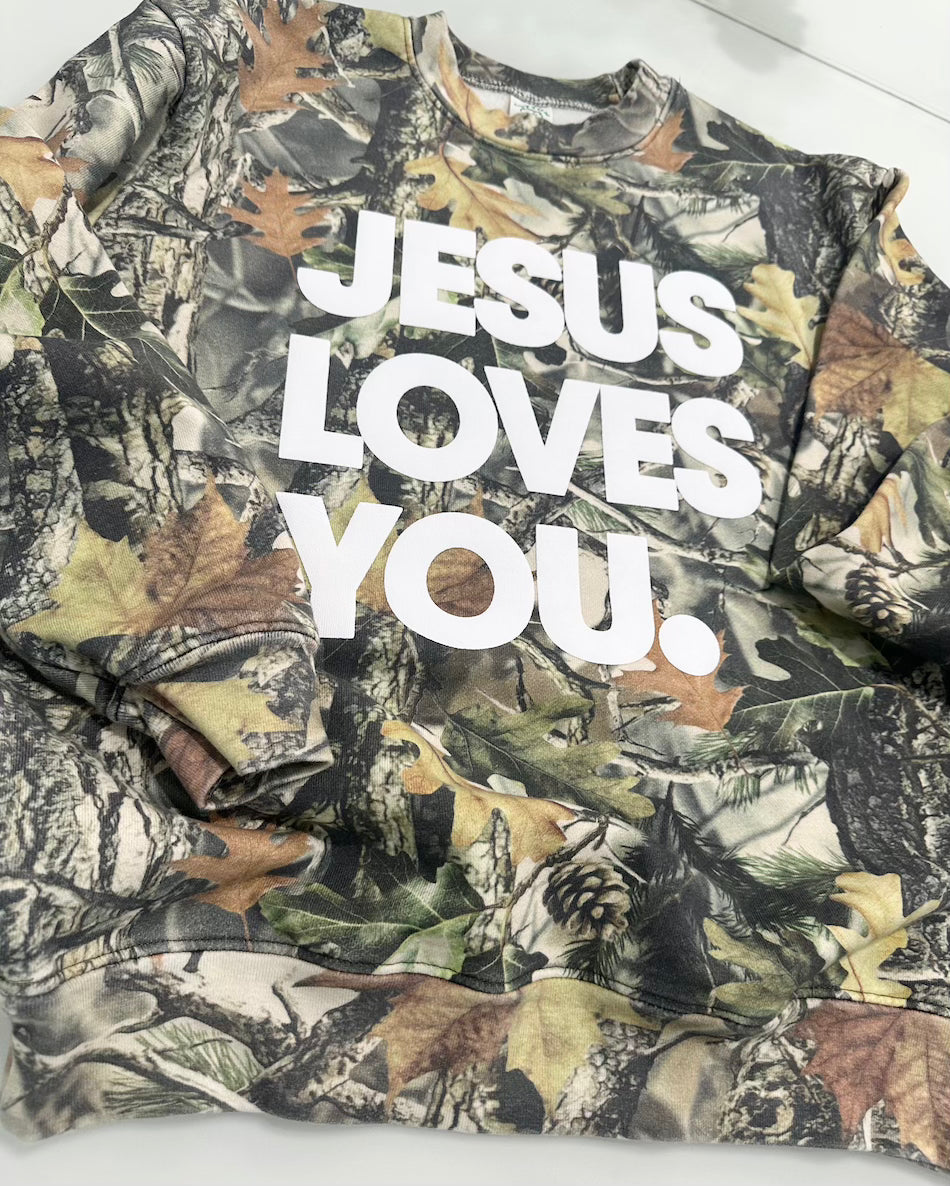 Jesus Loves You Camo Vintage Sweatshirt | Oversized Christian Streetwear