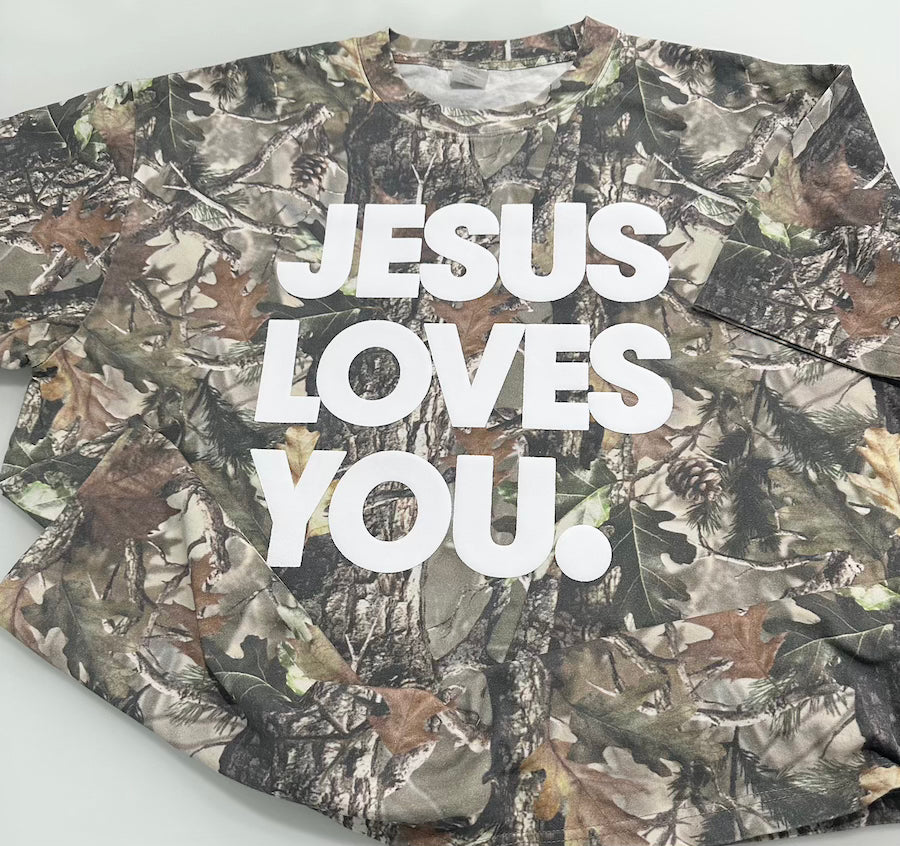 Vintage Camo “Jesus Loves You” Tee | Oversized Drop Shoulder