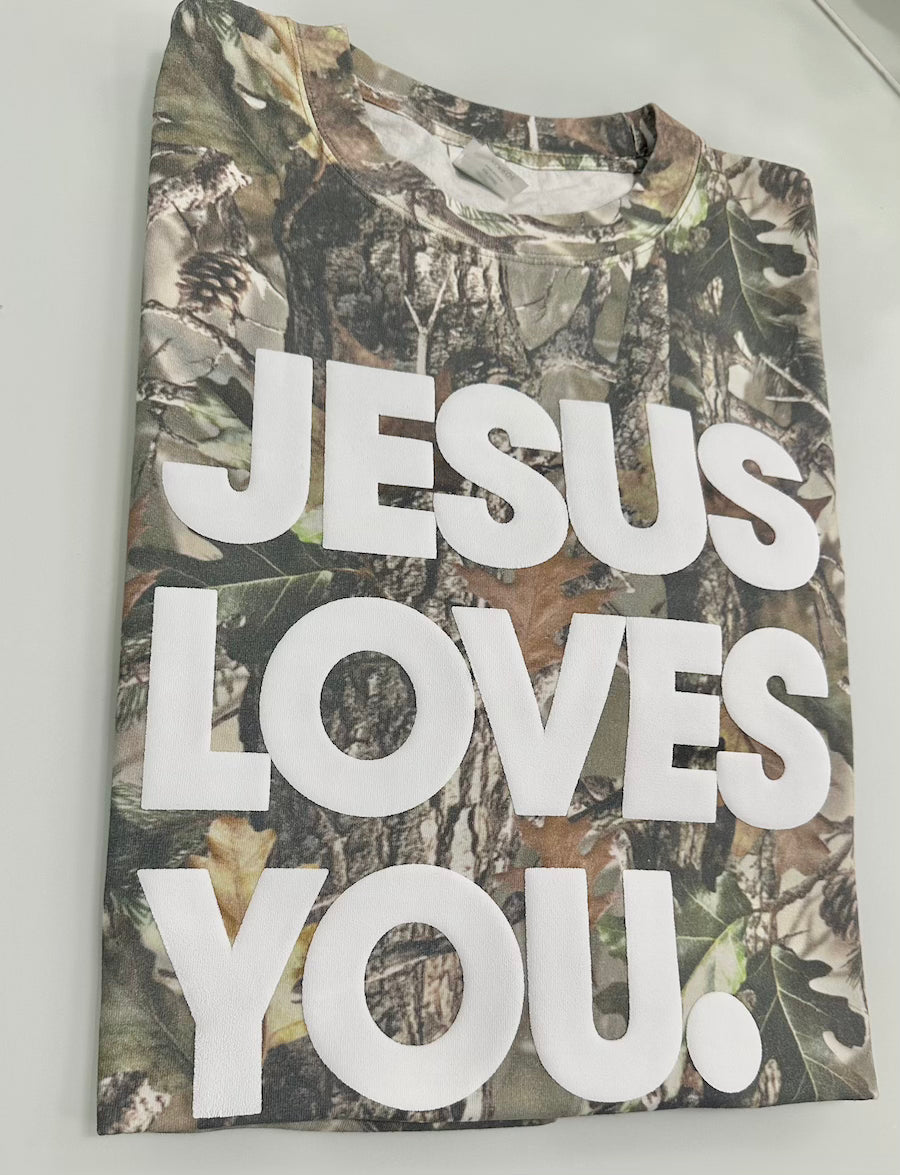 Vintage Camo “Jesus Loves You” Tee | Oversized Drop Shoulder