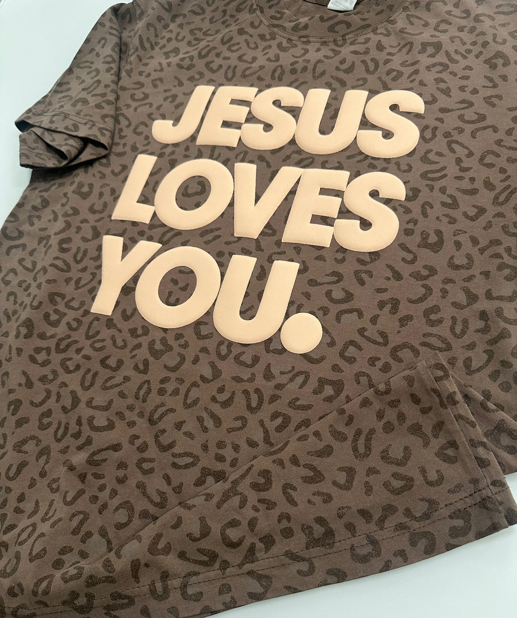 Vintage Leopard Print “Jesus Loves You” Oversized Tee