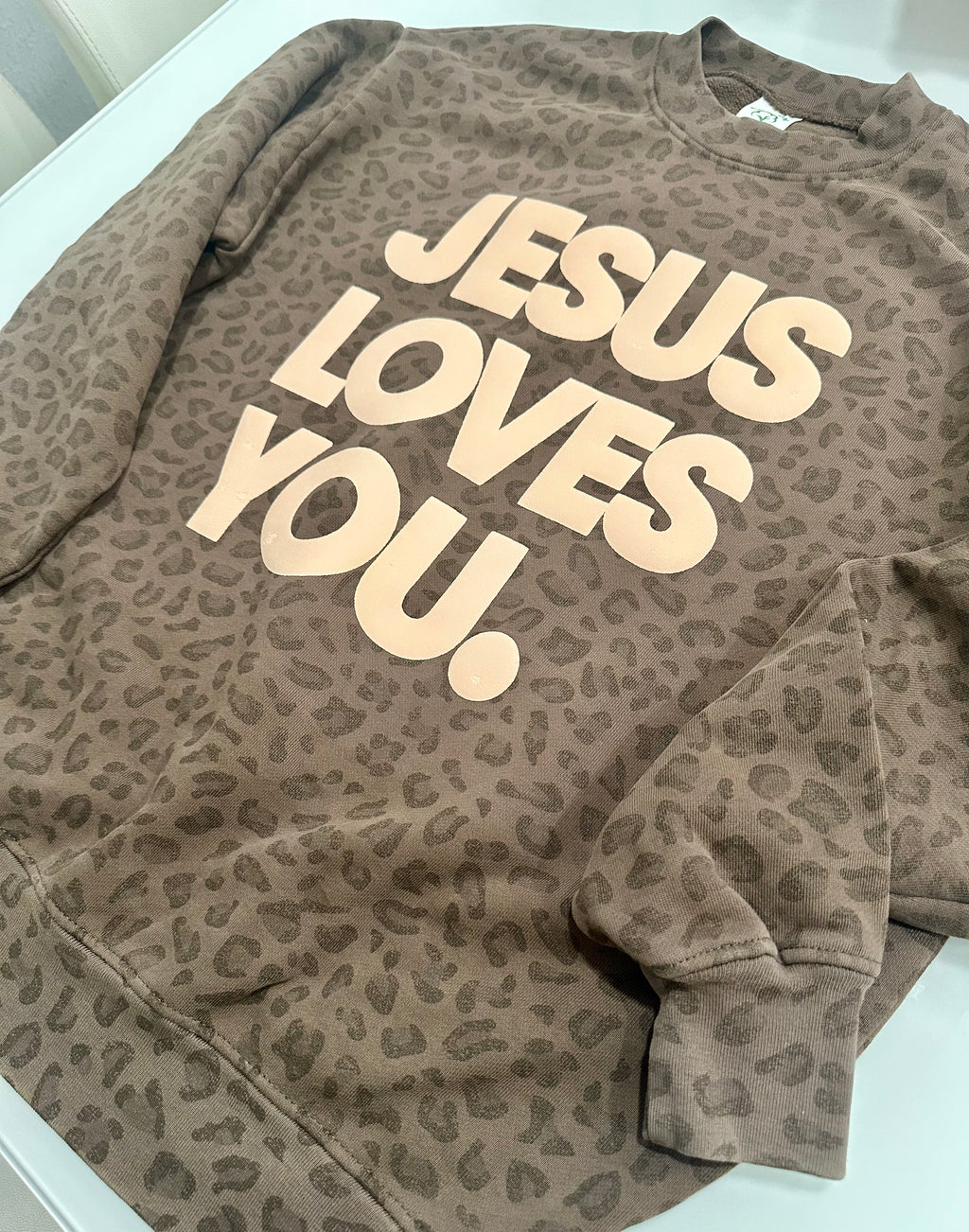 Vintage Leopard Print “Jesus Loves You” Oversized Sweatshirt