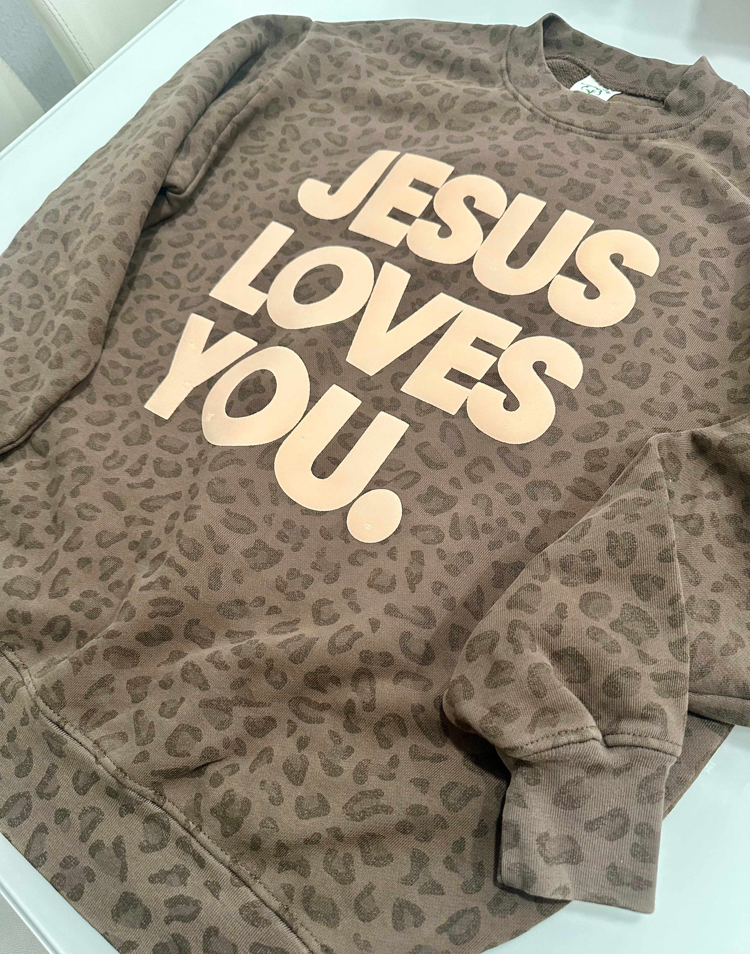 Vintage Leopard Print “Jesus Loves You” Oversized Sweatshirt