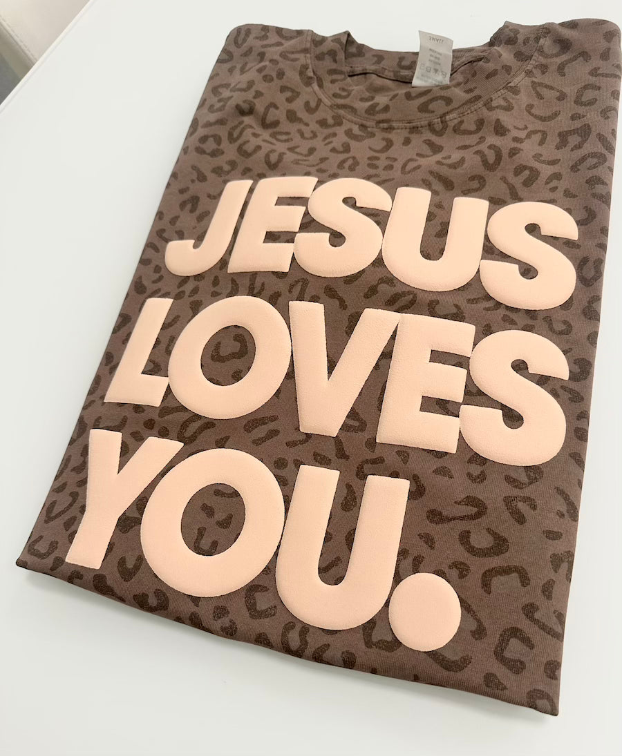 Vintage Leopard Print “Jesus Loves You” Oversized Tee