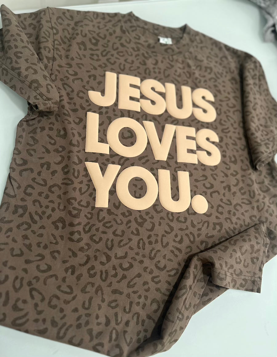 Vintage Leopard Print “Jesus Loves You” Oversized Tee