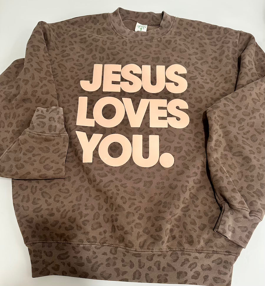 Vintage Leopard Print “Jesus Loves You” Oversized Sweatshirt