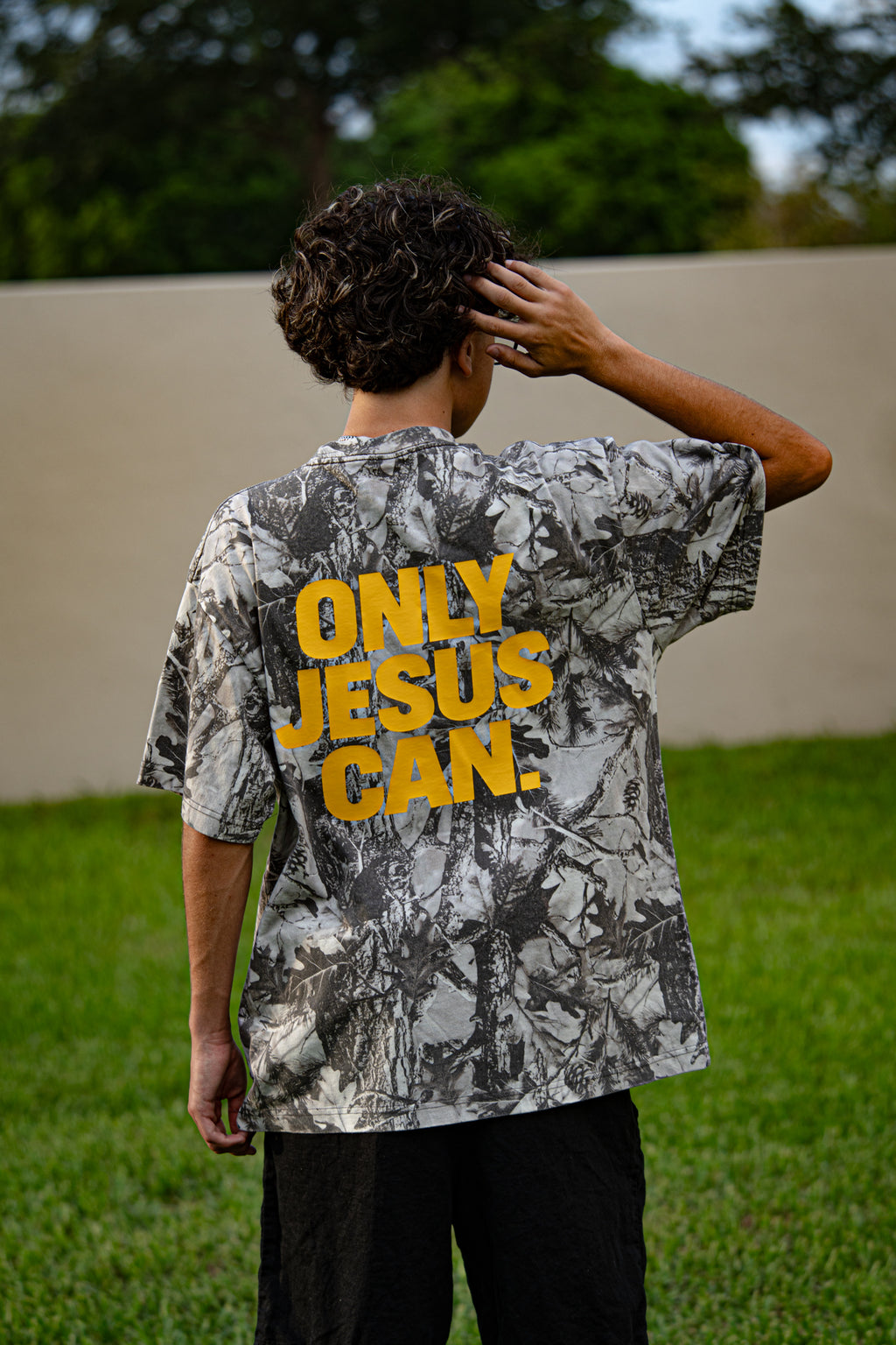 ONLY JESUS CAN. Gray Camo Oversized Heavyweight Tee