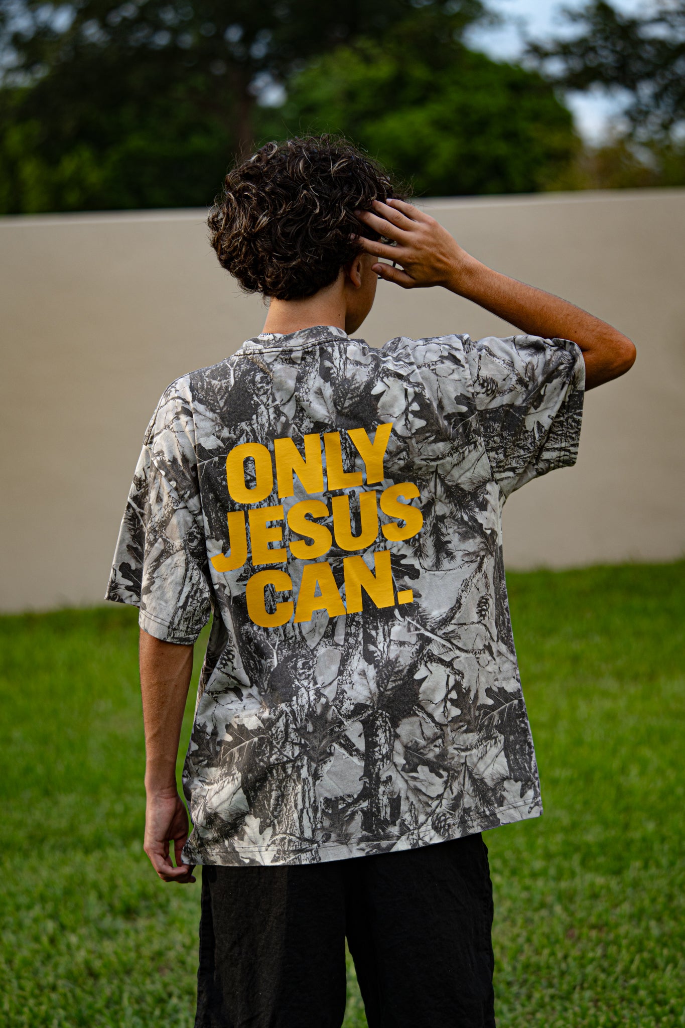 ONLY JESUS CAN. Gray Camo Oversized Heavyweight Tee