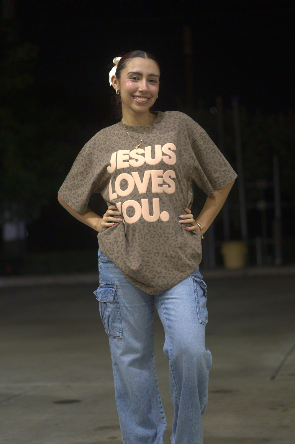 Vintage Leopard Print “Jesus Loves You” Oversized Tee