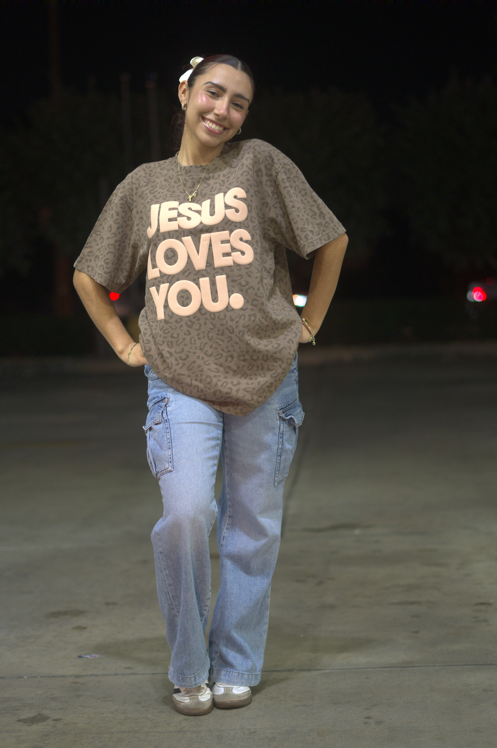 Vintage Leopard Print “Jesus Loves You” Oversized Tee