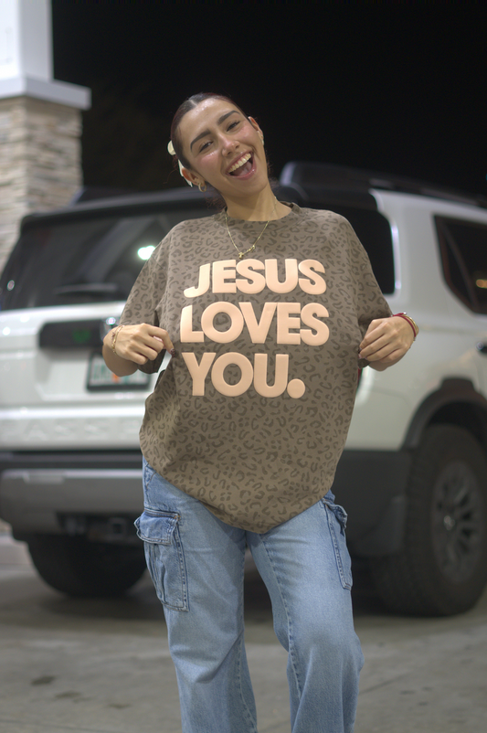 Vintage Leopard Print “Jesus Loves You” Oversized Tee