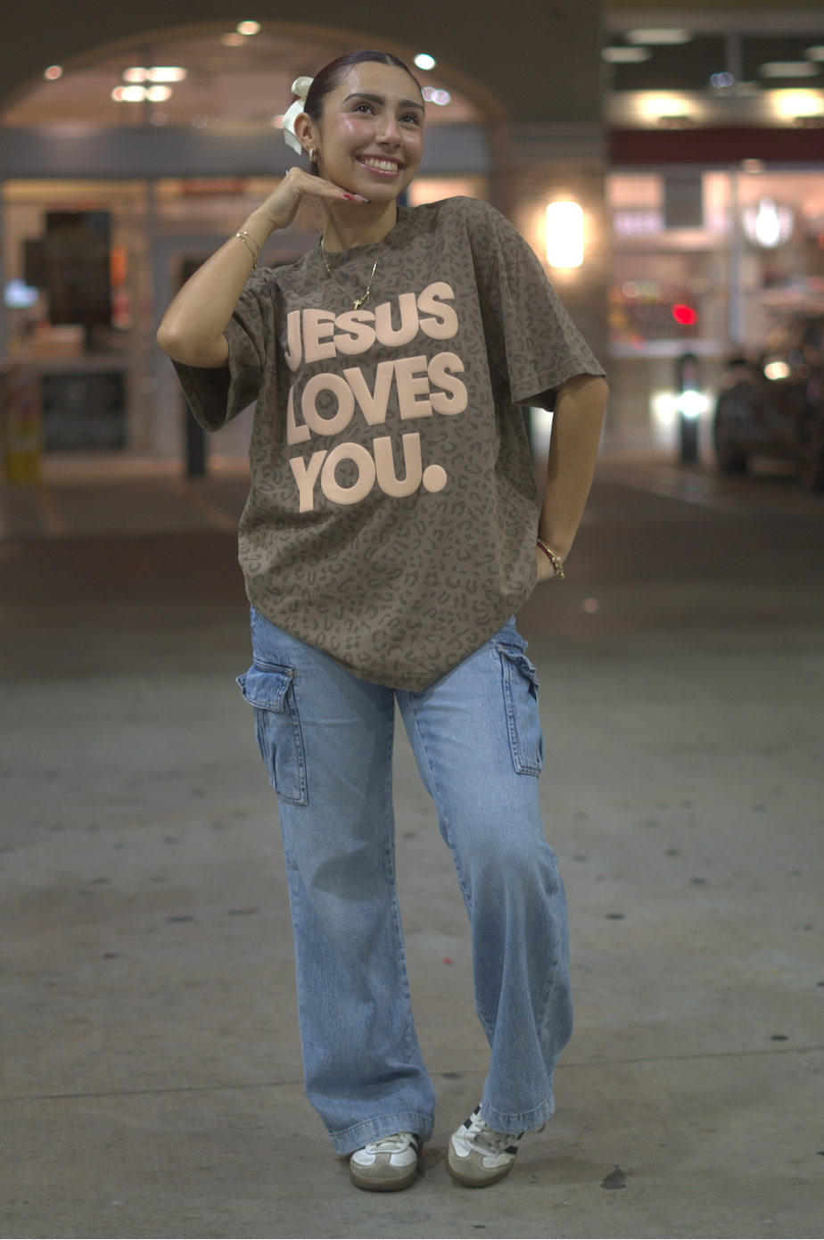 Vintage Leopard Print “Jesus Loves You” Oversized Tee
