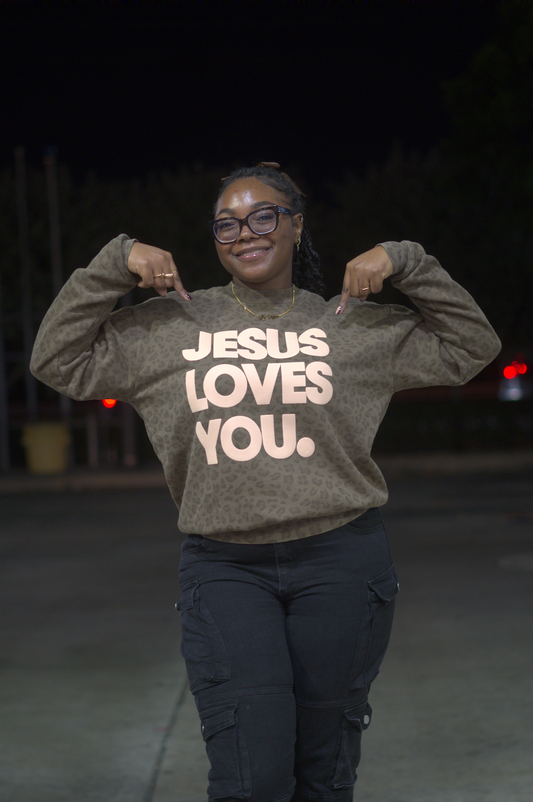 Vintage Leopard Print “Jesus Loves You” Oversized Sweatshirt