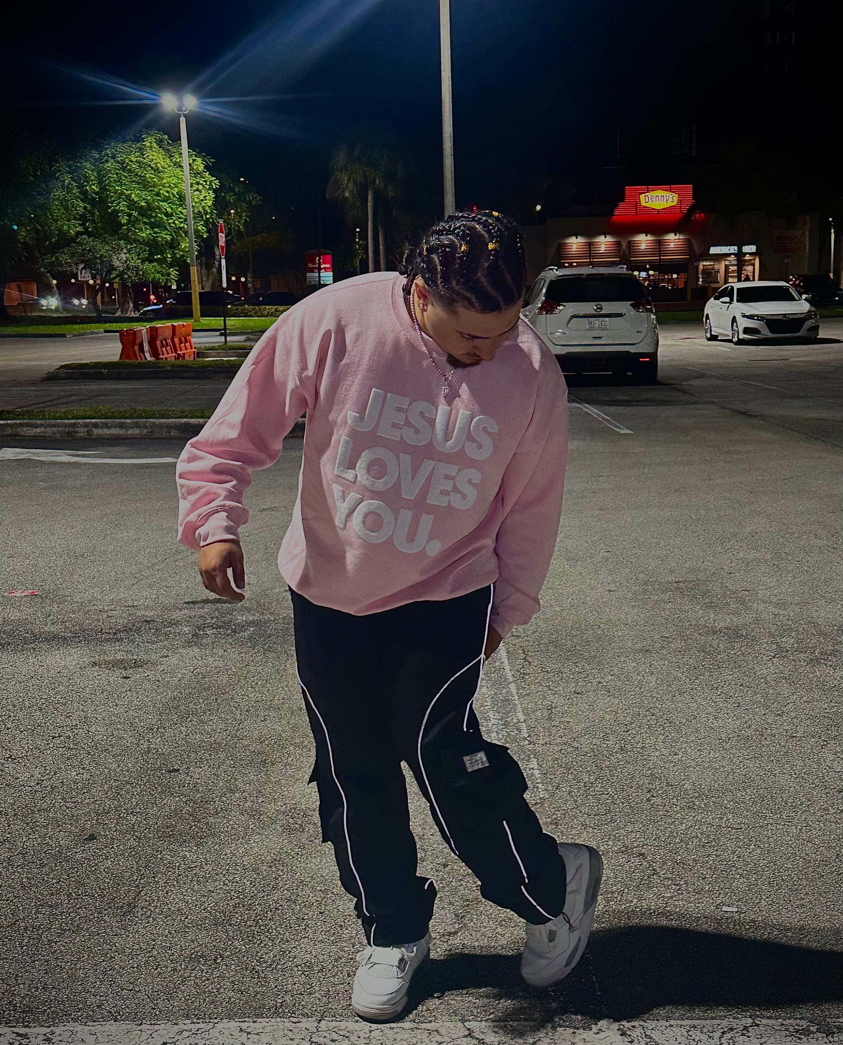 JESUS LOVES YOU.  white letters sweatshirt