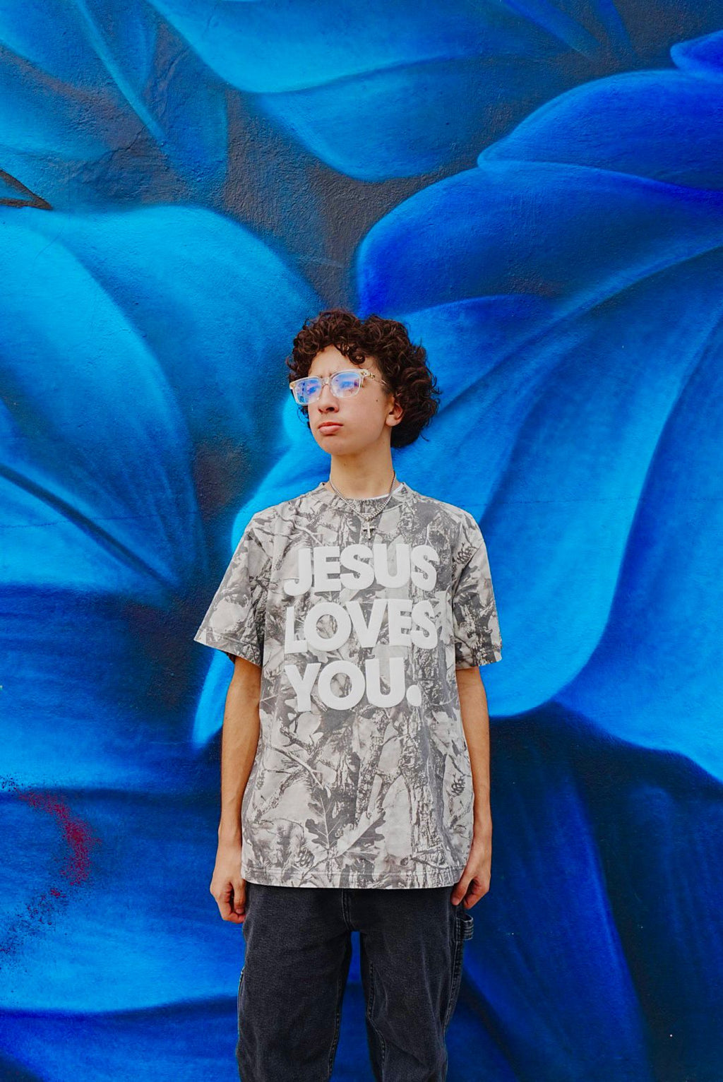 Christian Streetwear – Gray Camo “Jesus Loves You” Oversized Tee | Puff Print