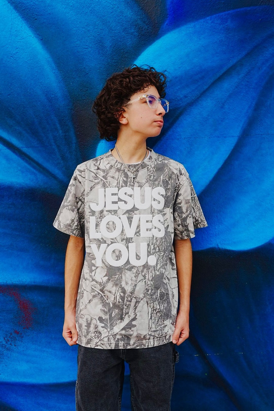 Christian Streetwear – Gray Camo “Jesus Loves You” Oversized Tee | Puff Print