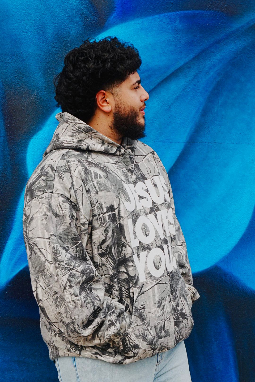 Gray Camo “Jesus Loves You” Hoodie – Oversized Fit