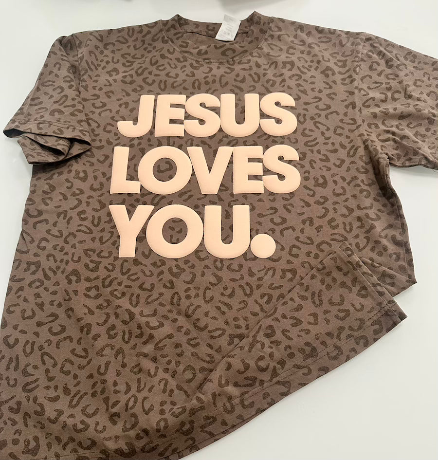 Vintage Leopard Print “Jesus Loves You” Oversized Tee
