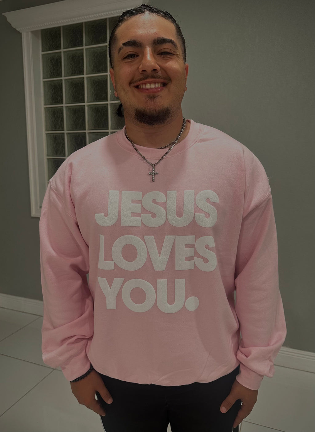 JESUS LOVES YOU.  white letters sweatshirt
